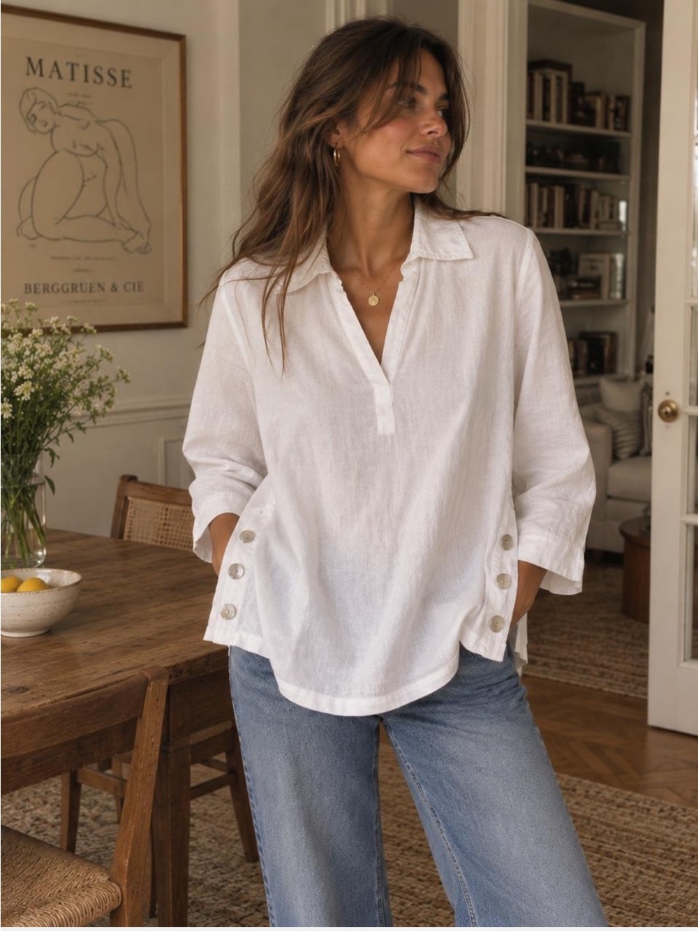 Sigrid Olsen 100% Linen White Tunic Top Side Button Coastal Resort